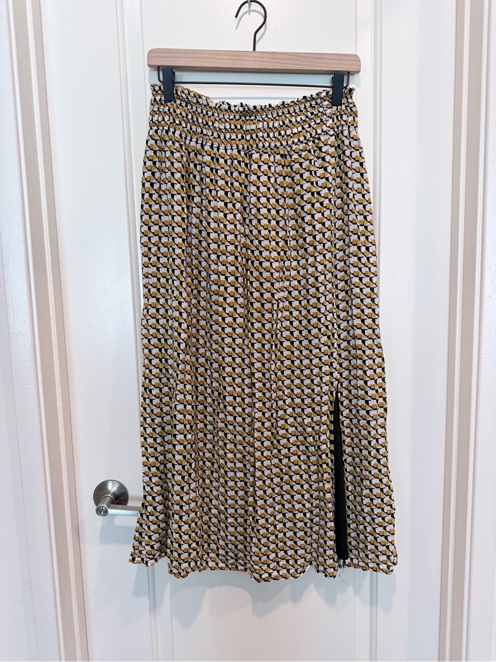 DR2 Geometric-Print Midi Skirt in Mustard, Black, and Cream